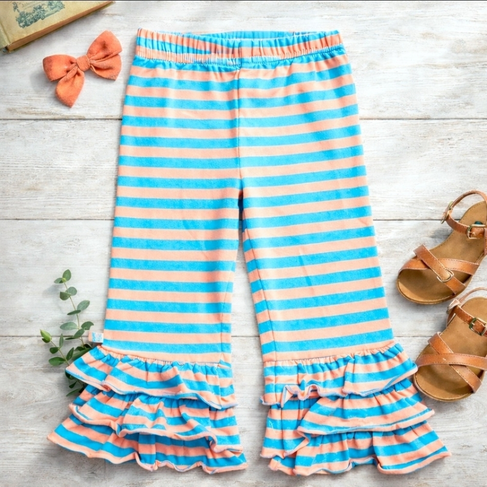 Lolly Wolly Doodle Triple Ruffle Pants Size 6 Coral Aqua Stripe Boutique Legging